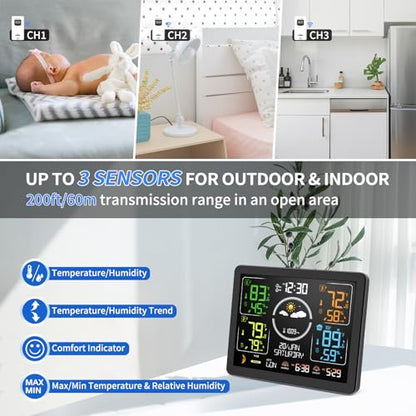 Weather Stations Wireless Indoor Outdoor Thermometer with Multiple Sensors, 7.5" VA Display Weather Forecast Station with Atomic Clock, Temperature, Humidity and Adjustable Backlight for Home