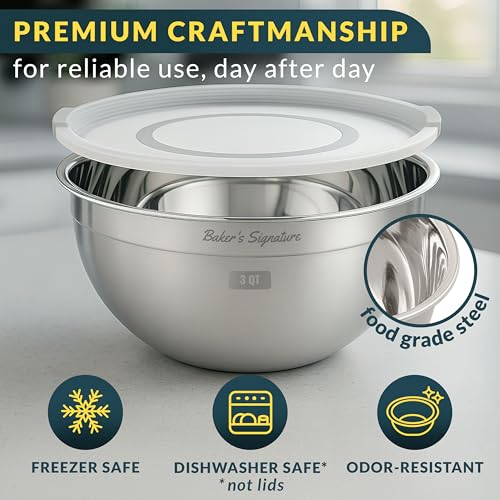 Baker's Signature Stainless Steel Mixing Bowls With Lid, Metal Mixing Bowl Set Of 3, Nesting Set For Food Prep, Baking,Storage, Cooking, Serving | Dishwasher Safe, Silver, 1.5/3/5 Qt - size: Set of 3