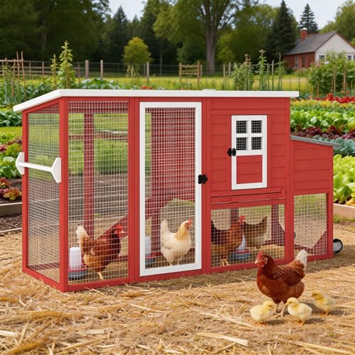 PetsCosset 75" Wooden Chicken Coop with Run and Wheels for 1–4 Chickens, Backyard Hen House with Nesting Box, Removable Tray, Ramp & Weather-Resistant Roof, Red - color: Chicken Coop large-Red, size: 75.0"L x 26.0"W x 39.0"H