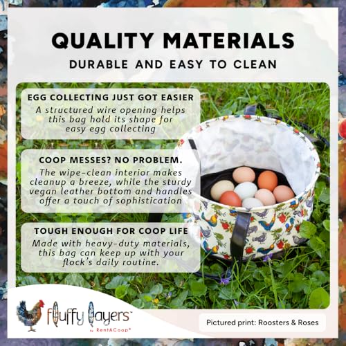Fluffy Layers by RentACoop Egg Collecting Bag – Durable Coated Canvas and Easy-to-Clean Bottom & Handles – Reusable Farm Egg Basket (Haute Coopture)