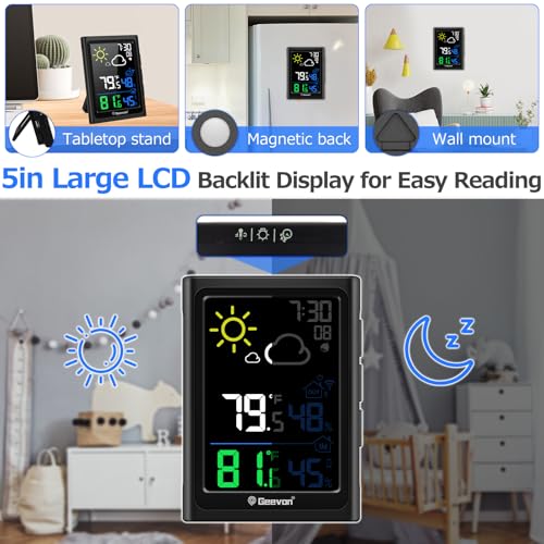 Geevon Indoor Outdoor Thermometer Wireless Weather Station with Color Display, Digital Hygrometer Temperature Humidity Monitor with Alarm Clock and Backlight
