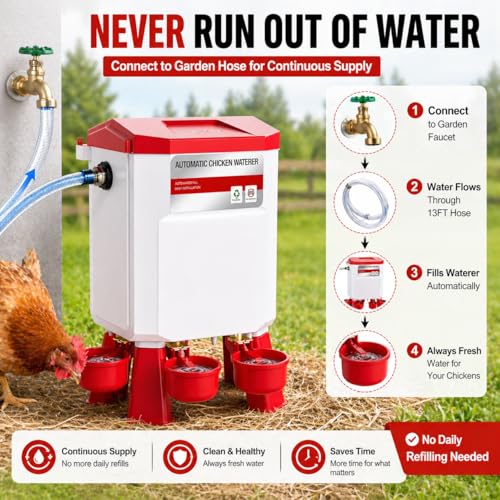 Automatic Chicken Waterer 2 Gallons, Chicken Water Feeder with Float Valve & 4 Water Cups, 13FT Hose Poultry Waterer System, Chicken Coop Water Dispenser for Chickens Ducks Quail Turkey (Red, 2 GAL) - color: Red