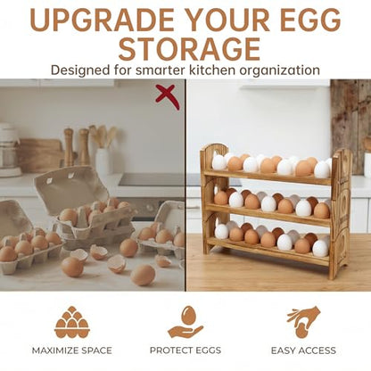 Wooden Egg Holder, 3 Tier 36 Egg Capacity, Farmhouse Egg Holder for Countertop, Stackable Egg Storage Rack for Fresh Eggs, Rustic Wooden Egg Organizer with Handles for Kitchen Counter