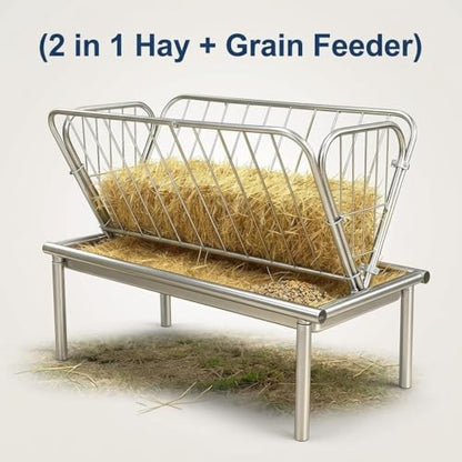 Galvanized Steel Hay Feeder, 2 in 1 Outdoor Livestock Feeder with Extra Wide Feed Pan, Durable Pasture Feeder for Goats Sheep Horses Calves Cows Ponies
