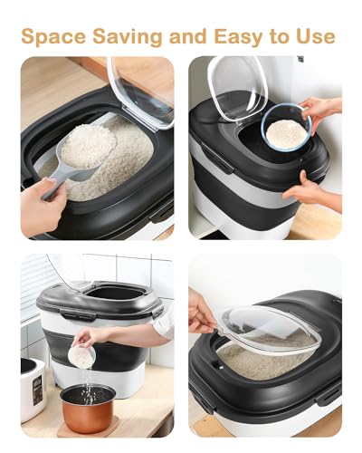 20-50 Lbs Food Storage Containers,Collapsible Rice Container with Wheel Airtight Locking Lid,Flour Storage Container with Small Food Container and Scoop,Suitable for Food,Rice,Pet Food,Flour - color: Black/20-50LBS