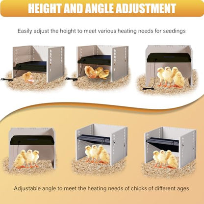 Upgraded Brooder Heater Plate, Adjustable Height & Temperature 10.8" X 10.4" Chick Brooder Heating Plate, Three-Sided Protection & Fast Heat Brooder Heater for 15 Chicks (Black)