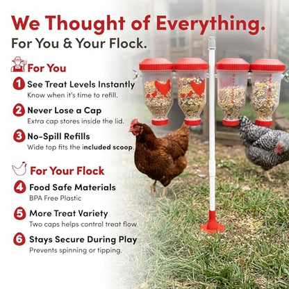 RentACoop Chicken Treat 4 Tube Dispenser – Multi-Treat Enrichment Toy and Boredom Buster for Chickens, Easy Top-Fill, Height Adjustable, Chicken Coop Accessory – Install Indoor or Outdoor - size: Large Clear Tubes