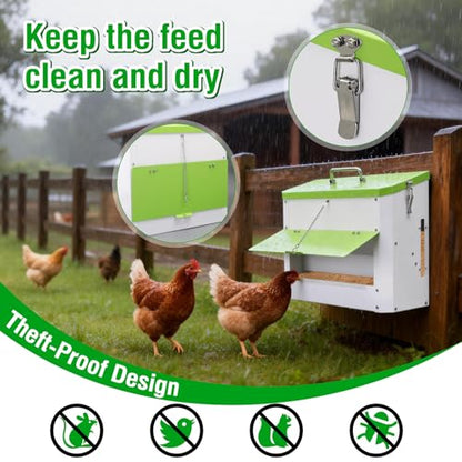 25LBS Automatic Chicken Feeder-No Waste Metal Poultry Feeder with View Window & Rain Cover,Hanging Chicken Food Dispenser for Outdoor Coops，No Assembly, Rodent Proof