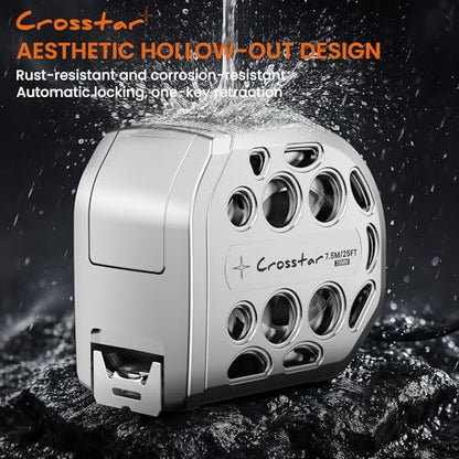 Crosstar 25FT Magnetic Self-Locking Stainless Steel Tape Measure, Double-Sided Scale, Waterproof & Rustproof Retractable Measuring Tape with Hollow Design for Home, Industrial, Woodworking - size: 7.6 m