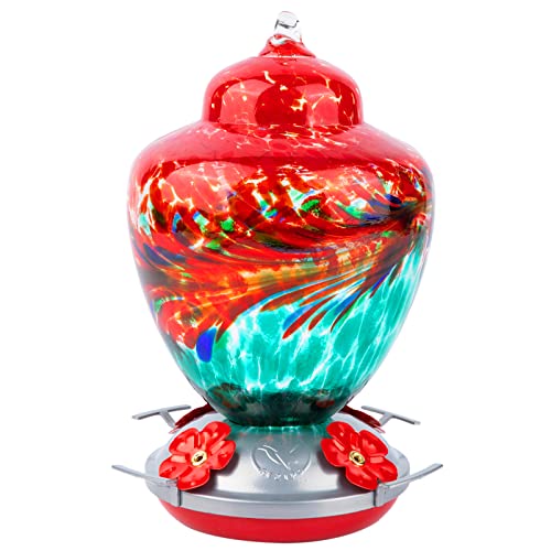 REZIPO Hummingbird Feeder with Perch - Hand Blown Glass - 38 Fluid Ounces Hummingbird Nectar Capacity Include Hanging Wires and Moat Hook (Red-Green) - color: Red-green