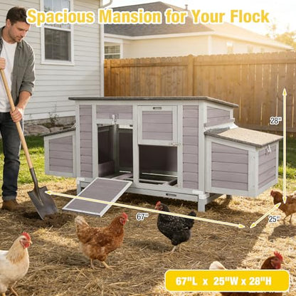 Aivituvin Large Wooden Chicken Coop, Double Nesting Boxes, Waterproof Asphalt Roof, Stainless Steel Hardware, Pull-Out Tray, Secure Poultry House for 2–4 Chickens - color: Grey, size: 67.0"L x 25.0"W x 28.0"H