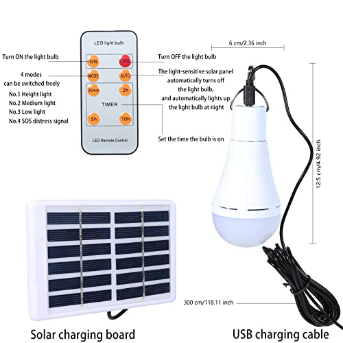 Solar Light Bulbs Rechargeable with Remote Timer, 4 Modes Solar Powered Lantern for Indoor&Outdoor Chicken Coop Hurricane Emergency Lighting Hiking Camping (White, 300lm-2pack)