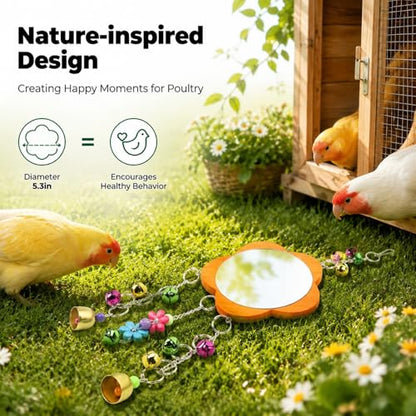 Pet Chicken Mirror Toy with Bells, 5.3 Inch Mirror, 18.9 Inch Chain - Durable, Broken, Stimulates Play and Communication for Pets