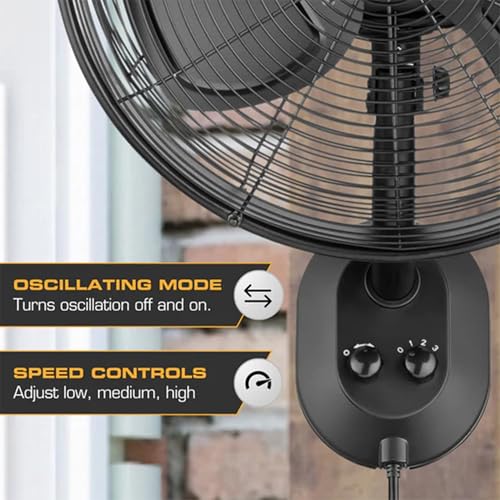 MULE Outdoor KWIK Install Wall Mount Oscillating Wet Rated Fan, Strong Airflow, 3 Speeds, 300 Degree Oscillation, 8 Foot Corded Electric, Matte Black