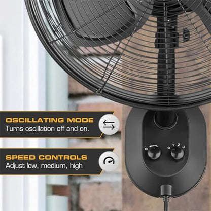 MULE Outdoor KWIK Install Wall Mount Oscillating Wet Rated Fan, Strong Airflow, 3 Speeds, 300 Degree Oscillation, 8 Foot Corded Electric, Matte Black