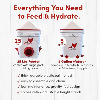 RentACoop Chicken Feeder & Waterer Set– 25lb No-Waste Feeder with 4 Large Ports + 5-Gallon Waterer with Auto-Fill Cups & Horizontal Nipples – BPA-Free, Anti-Roost Cone, Adjustable Stands