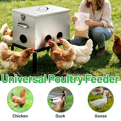 40lb Automatic Chicken Feeder, 6-Port Large Capacity Metal Poultry Feeder, Galvanized Steel Chicken Feeder for Hen Coop