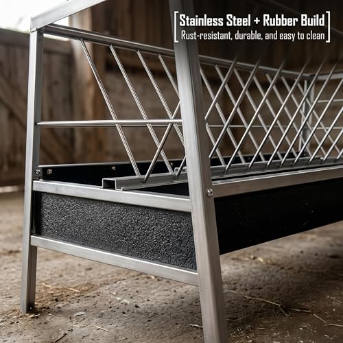Stainless Steel Goat Feeder,2-in-1 Hay Feeder for Goats Sheep Calves Horses and Pastures, Anti-Waste Goat Feeder with Rubber Trough Livestock Feeder