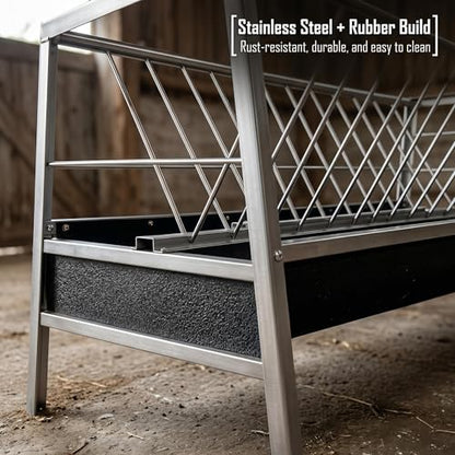 Stainless Steel Goat Feeder,2-in-1 Hay Feeder for Goats Sheep Calves Horses and Pastures, Anti-Waste Goat Feeder with Rubber Trough Livestock Feeder