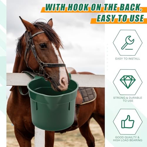 Reallnaive 4 Pcs 8.5 Quart Hook Over Horse Feed Bucket, Hanging Plastic Livestock Animals Feed Bucket for Stall, Mountable Round Horse Goats Feeder for Feeding and Watering Supplies