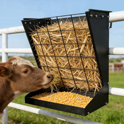 2 in 1 Wall Mount Hay and Grain Feeder,Livestock Feeder | Galvanized Steel Hay Feeder Rack,Large Capacity,For Goats/Sheep, Horses, Cattle,Barn Farm Pens