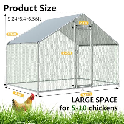 HITTITE Large Metal Chicken Coop with Run, 9.84 x 6.4 x 6.56 ft Walk in Poultry Cage Chicken Run Pen, Outdoor Chicken Runs for Yard with Waterproof & Anti-UV Cover - size: 118.0"L x 76.8"W x 78.7"H