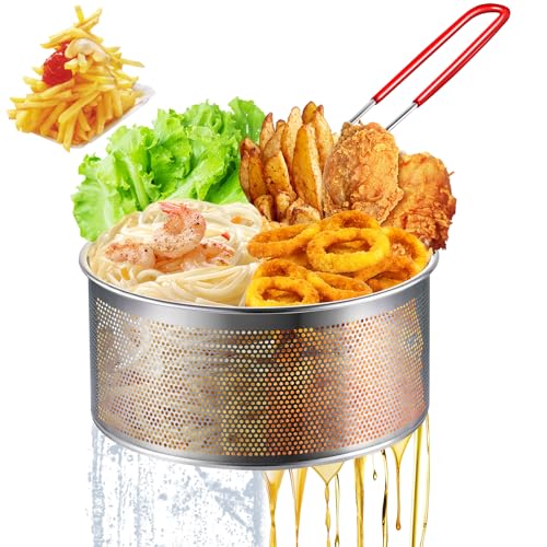 Deep Fryer Basket, 7.8''x4'' Fry Only, Round Stainless Steel Frying Baskets with Heat Resistant Silicone Handle, for Kitchen Cooking Strainer Colander, Serving Food, Ideal for Gift, 3-Quart - size: 7.8'' Deep Fry Basket
