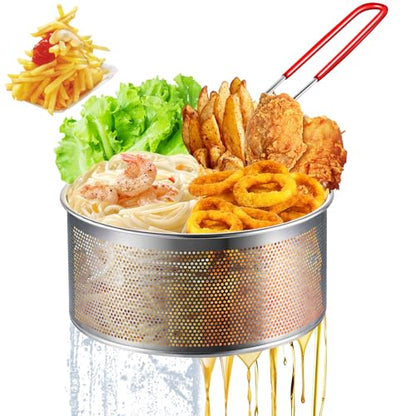 Deep Fryer Basket, 7.8''x4'' Fry Only, Round Stainless Steel Frying Baskets with Heat Resistant Silicone Handle, for Kitchen Cooking Strainer Colander, Serving Food, Ideal for Gift, 3-Quart - size: 7.8'' Deep Fry Basket