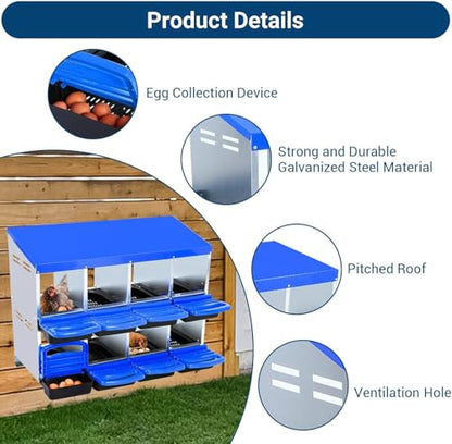 Chicken Nesting Box, 8 Hole 2 Layer Hen Nest Boxes, Roll-Away Egg Collection System with Ventilation Holes，Rustproof Plastic Tray & Keyhole Mounting, Chicken Laying Box - color: Blue, size: 8 holes