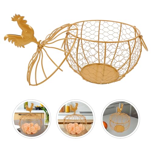 Gatuida Vintage Farmhouse Metal Egg Basket with Double Handle and Chicken Knob Lid, Rustic Wire Storage Bin for Kitchen Pantry and Fresh Egg Collection