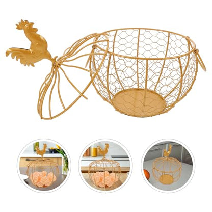 Gatuida Vintage Farmhouse Metal Egg Basket with Double Handle and Chicken Knob Lid, Rustic Wire Storage Bin for Kitchen Pantry and Fresh Egg Collection