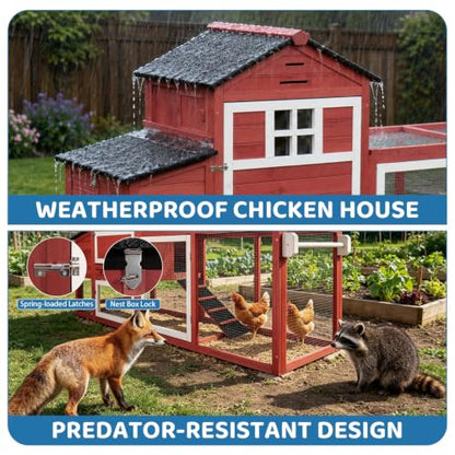 Chicken Coop with Wheels for 4-6 Chickens, Mobile Hen House with Run, Outdoor Chicken Coop, Ventilated Window, Easy-Clean Nesting Box, Weatherproof Asphalt Roof, 82.7” L x 25.6” W x 44.1” H, Red - color: Red