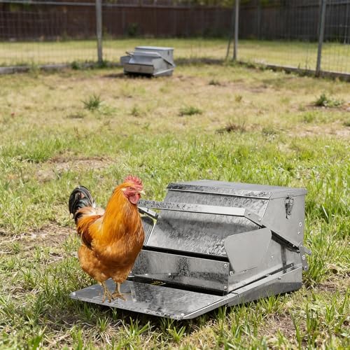 20'' Automatic Treadle Chicken Feeder, No Waste No Spill Rodent Proof Metal Chicken Feeder with Weatherproof Lid & Lock, Chicken Supplies for Your Chickens Duck Bantams Pheasants Poultry Coop