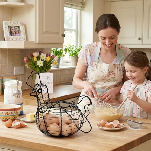 MyGift Rustic Chicken Wire Egg Basket - Black Metal Hen Shaped Egg Holder for Kitchen Counter Storage & Easter Decor, Farmhouse Table Centerpiece