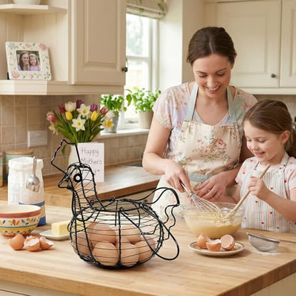 MyGift Rustic Chicken Wire Egg Basket - Black Metal Hen Shaped Egg Holder for Kitchen Counter Storage & Easter Decor, Farmhouse Table Centerpiece