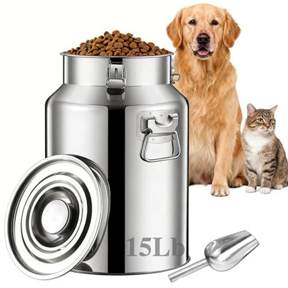 15 Lbs Stainless Steel Dog Food Storage Container with Scoop, Large Metal Dog Food Bin with Airtight Lid & Locking Clamp, Pet Food Container for Dogs & Cats, Keep Fresh, Easy to Clean - size: 15 Lbs