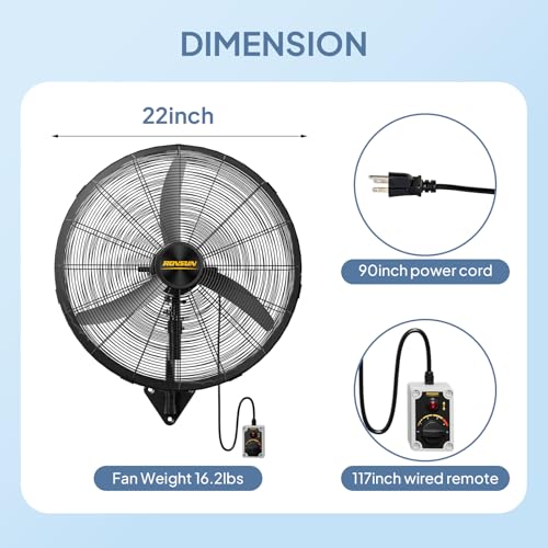 ROVSUN 20" Industrial Wall Fan with Remote Controller & BLDC Motor, High Velocity Wall-mounted Outdoor Fan with 4-Speed and Long Wired Remote, Oscillating Wall Mount Fan for Warehouse, Patio, 2-Pack - size: 20''(2-pack)