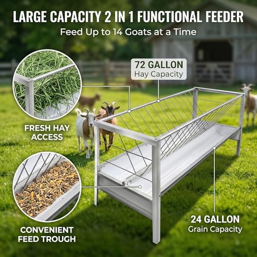 96 Gallon Goat Hay Feeder, 2 in 1 Hay Feeder for Goats, 5 Ft Long Feeding Tray for Livestock Feeder, Feeding Goats, Sheep and Ponies, for Farms, Sheep Sheds (Galvanizing)