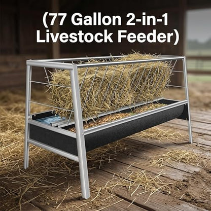 77 Gallon Hay Feeder, Stainless Steel Goat Feeder for Goats Sheep Calves and Horses, Anti-Waste Goat Feeder with Rubber Trough Livestock Feeder