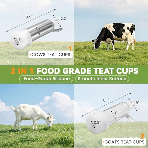 2 in 1 7L Goat Milking Machine, Electric Vacuum Pulsation Milker, Handheld Portable Milking Machine for Cows with 4 Teat Cups (for Goat Cow Battery)