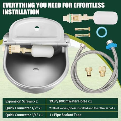 Automatic Animal Drinking Water Bowl, 304 Stainless Steel Livestock Waterer with Float Valves, 39" Pipe Hose, 1/2" to 3/4" Adapter, Water Trough for Dog, Horse, Goat, Pig, Cow