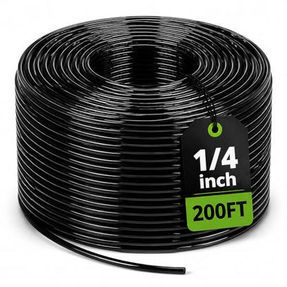 200FT 1/4” Drip Irrigation Tubing, 7mm OD x 4mm ID Hose | Flexible UV-resistant tubing with 7mm OD x 4mm ID, compatible with most 1/4” barbed fittings, emitters and misters. - size: 1/4"-200FT