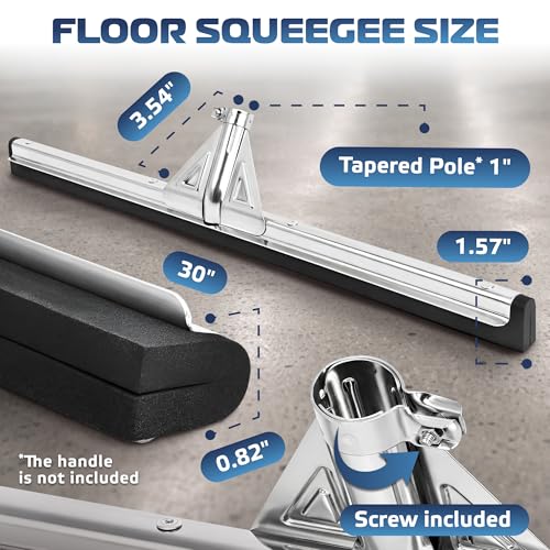 DSV Standard Heavy-Duty Floor Squeegee 30’’, Double Foam Rubber Blade Garage Squeegee, Taper Pole Connection - Handle Sold Separately for Tiles, Concrete and Asphalt