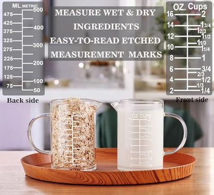 Ackers Etched Graduated Glass Measuring Cup - [Insulated Handle | V-Shaped Spout] - High Borosilicate Glass Measuring Cup for Kitchen or Dining, Easy to Read, 500 ML (16 Oz, 2 Cup) - size: 500 ML (16 Oz, 2 Cup) - Etched Graduated