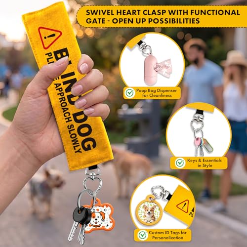 Blind Dog Leash Wrap, Visible Yellow Warning Sleeve with Heart Snap Hook, Please Approach Slowly Sign for Blind & Vision Impaired Pets, Durable Double-Sided Canvas Lead Cover - color: Blind Dog