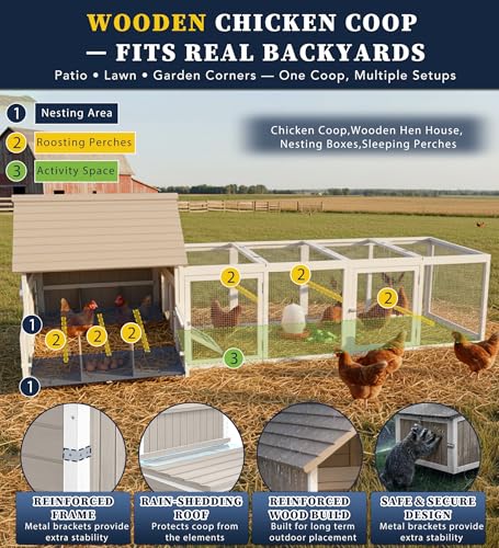 Gowoodhut Chicken Coop with Run for 2–6 Chickens Large Outdoor Backyard Hen House for Beginners Weatherproof Wooden Poultry Cage with Nesting Boxes Perches & Easy-Clean Tray - size: 118.3"L x 61.1"W x 40.0"H