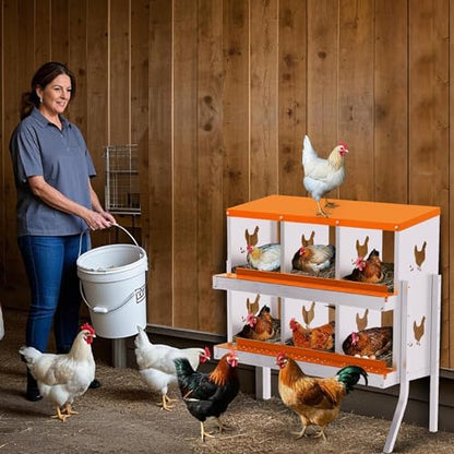 6 Compartment Chicken Nesting Box, Galvanized Steel Metal Laying Box with Removable Tray Roll-Out Egg Collection, Wall Mount Hen Roosting Box, Easy Egg Collection - color: Orange, size: 6 holes with legs