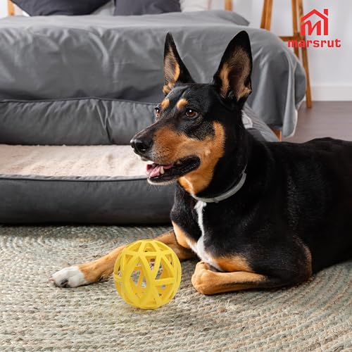 Hollow Dog Ball, Rubber Bite Resistant Pet Toys, 4.92" Interactive Roller Cage with Holes for Chewing Teeth Grinding Aggressive Chewers Treat Inside for Large Medium Breed Indoor Outdoor, Yellow