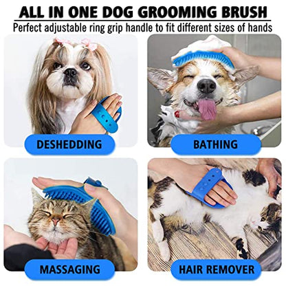 Dog Grooming Brush, Pet Shampoo Bath Brush Shedding Soothing Massage Rubber Comb with Adjustable Ring Handle for Long Short Haired Dogs and Cats 2pcs - color: Blue & Yellow