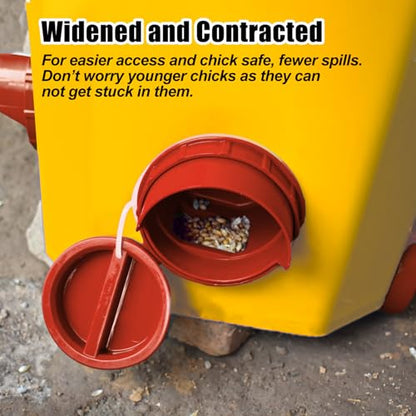 Chicken Feeder No Waste, 6 Ports Automatic Poultry Feeder with Covers & Hole Saw, Rain Proof Chicken Feeder Port for Buckets, Bins & Barrels - color: Red